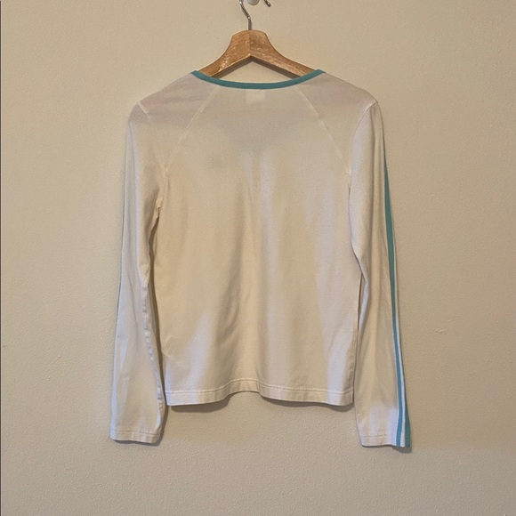 Adidas White and Turquoise V-Neck Long Sleeve Shirt, size small - Picture 2 of 5